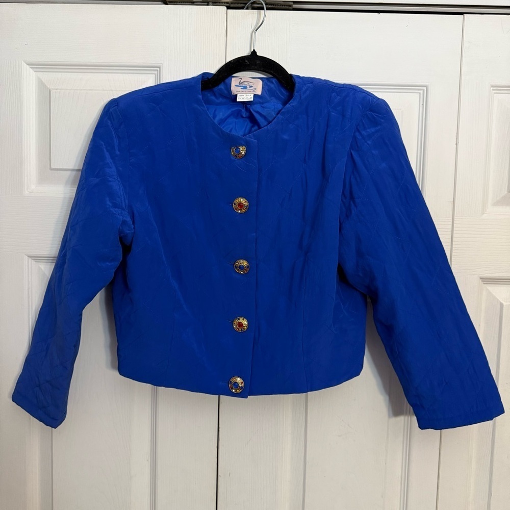 Vintage Velentine 100% Silk Quilted Cobalt Blue Jewel Buttons Medium